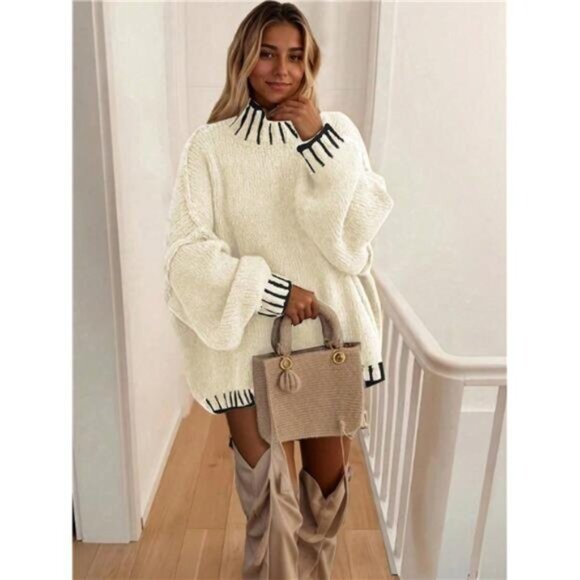 Winter Casual Round Neck Colorblock Striped Stand Collar Loose Knit Sweater - Picture 1 of 5